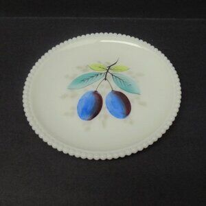 Westmoerland Milk Glass BEADED EDGE 7 1/4 Inch Hand Painted Plum Plate